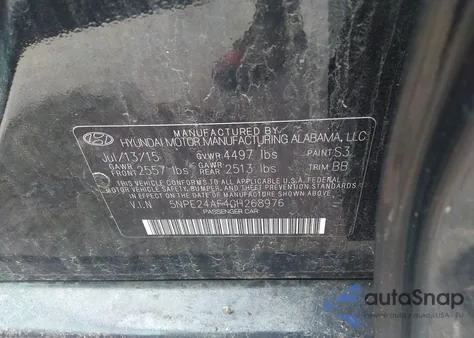 2016 Hyundai Sonata Se z USA, uszkodzony, nr VIN 5NPE24AF4GH268976